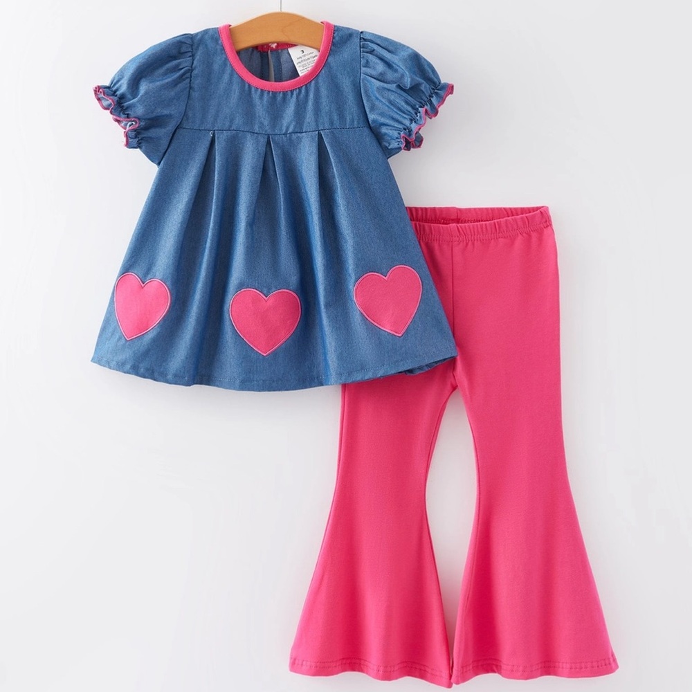 Girls' Denim Heart Dress and Pink Flare Pants Set